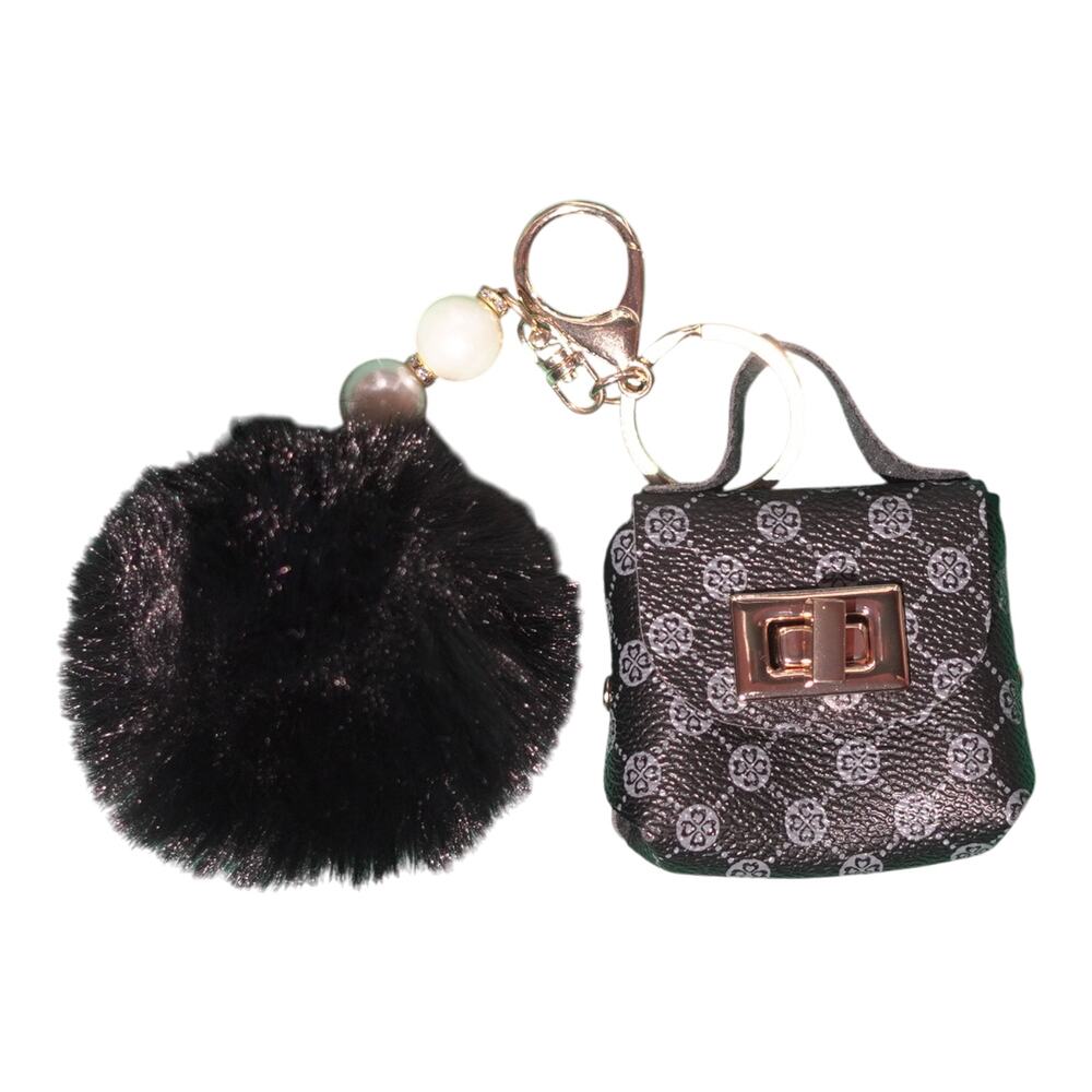 Mini Bag Keychain Charm Coin Purse Black Gray Monogram Gold Hardware Pearls NWT - Picture 4 of 11